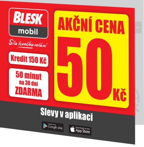 SIM karta BLESKmobil za&nbsp;akční cenu 50 Kč. SIM karta obsahuje 150 Kč kreditu a&nbsp;50 minut volání na&nbsp;30 dní zdarma. Navíc můžete získat další slevy v&nbsp;aplikaci BLESKmobil. Stahujte na&nbsp;google ply nebo app store.